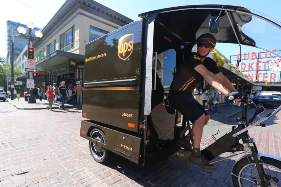 Image of electric cargo bike with UPS logo